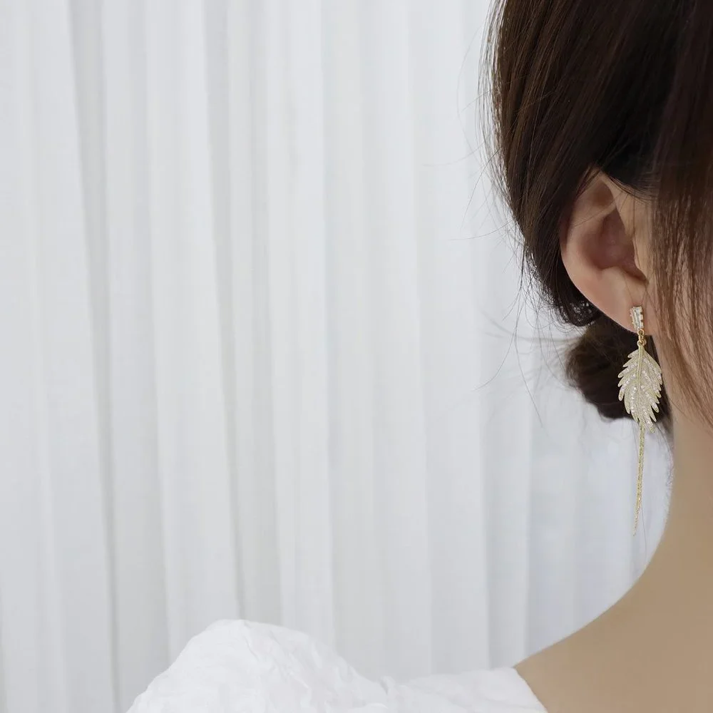 #NEW 14K Gold Plated Diamond Leaf Tassel Earrings